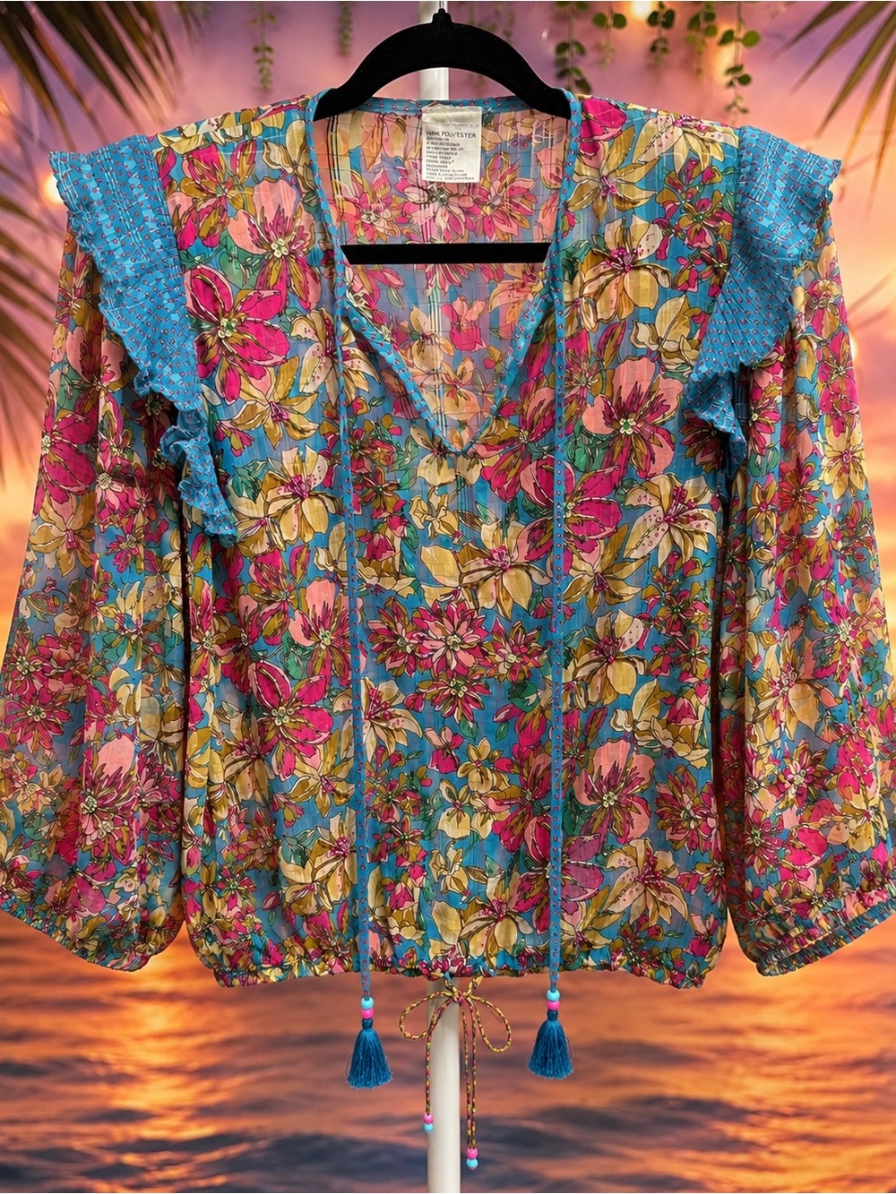 Vintage Diane Freis Georgette Floral Embellished Sheer Ruffle Blouse - Picture 2 of 12